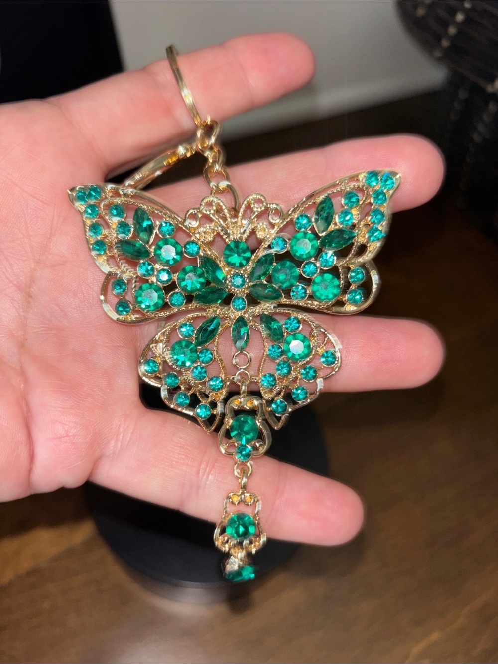 Gold Butterfly Keychain Bag Charm with Emerald Green Crystals NEW large